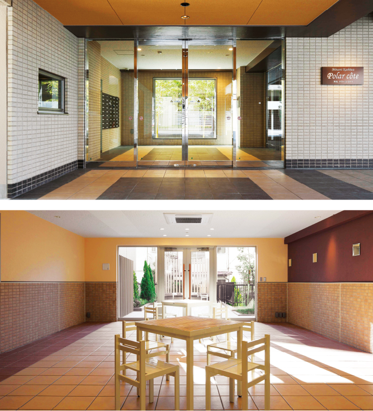 「南柏ポラール・コート」高級感漂うエントランスに開放感のあるコミュニティホール。