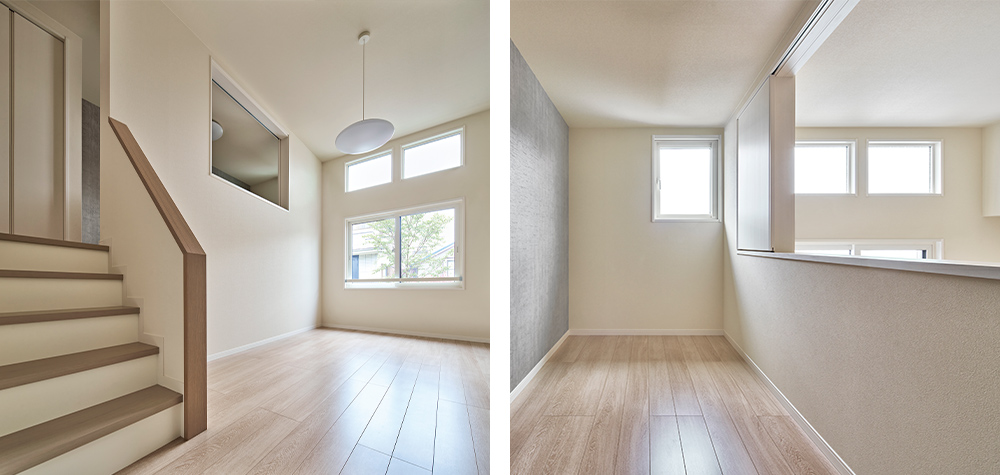 スキップフロアを取り入れ、階段上にLDKと開口部でつながる洋室を配置した居室も。