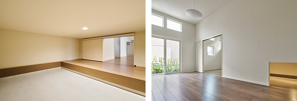 1階の5戸にはLDKから出入りする「土間蔵」を採用。床を掘り下げることで高さのあるものも収まり、フラットな部分は使用頻度が高めのものの収納に活用しやすい。